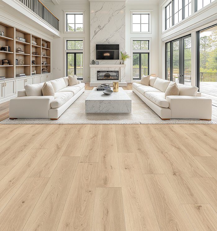 Chic water-resistant laminate flooring shown in a room setting