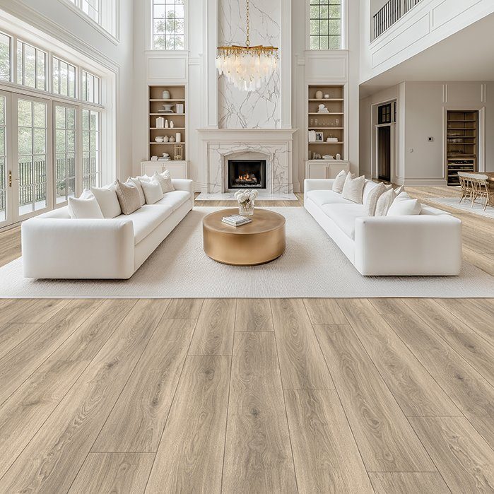 Heritage water-resistant laminate flooring shown in a room setting