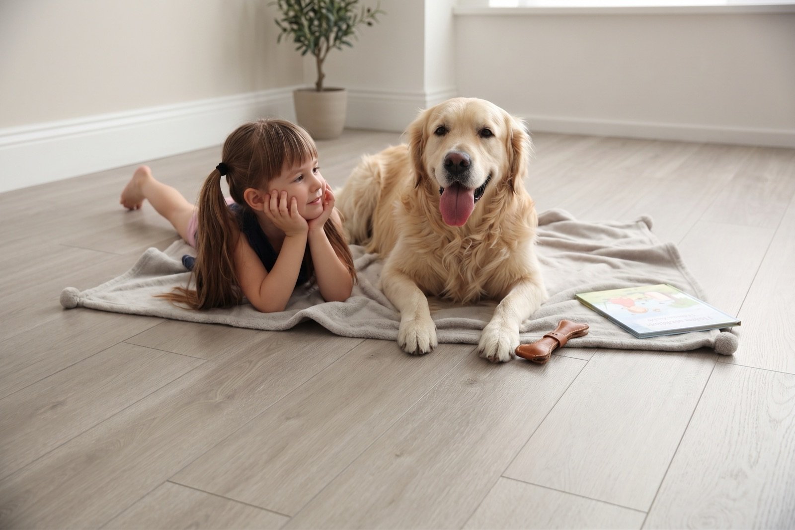 A child and a dog playing on Opulux waterproof laminate flooring
